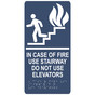 Navy ADA Braille IN CASE OF FIRE USE STAIRWAY DO NOT USE ELEVATORS Sign with Symbol RRE-230_White_on_Navy