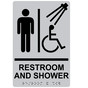 Silver ADA Braille Accessible Men's RESTROOM AND SHOWER Sign with Symbol RRE-14822_Black_on_Silver