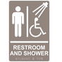 Taupe ADA Braille Accessible Men's RESTROOM AND SHOWER Sign with Symbol RRE-14822_White_on_Taupe
