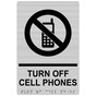 Brushed Silver ADA Braille TURN OFF CELL PHONES Sign with Symbol RRE-14841_Black_on_BrushedSilver