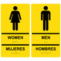 Yellow ADA Braille WOMEN MUJERES + MEN HOMBRES Restroom Sign Set RRB-125_145PairedSet_Black_on_Yellow