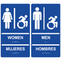 Blue Braille WOMEN MUJERES + MEN HOMBRES Sign Set with Dynamic Accessibility Symbol RRB-130_150PairedSetR_White_on_Blue