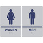 Silver ADA Braille WOMEN - MEN Restroom Sign Set RRE-125_145PairedSet_MarineBlue_on_Silver