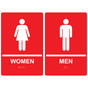 Red ADA Braille WOMEN - MEN Restroom Sign Set RRE-125_145PairedSet_White_on_Red