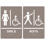 Taupe ADA Braille GIRLS - BOYS Accessible Restroom Sign Set RRE-140_160PairedSet_White_on_Taupe