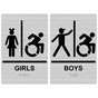 Brushed Silver Braille GIRLS - BOYS Restroom Sign Set with Dynamic Accessibility Symbol RRE-140_160PairedSetR_Black_on_BrushedSilver