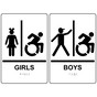 White Braille GIRLS - BOYS Restroom Sign Set with Dynamic Accessibility Symbol RRE-140_160PairedSetR_Black_on_White