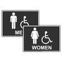 Charcoal Gray Accessible MEN WOMEN Restrooms Sign Set With Symbol RRE-7040_7050PairedSet_White_on_CharcoalGray