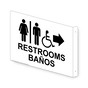 Projection-Mount White Accessible RESTROOMS - BAÑOS (With Inward Arrow) Sign With Symbol RRB-6987Proj-Black_on_White