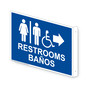 Projection-Mount Blue Accessible RESTROOMS - BAÑOS (With Inward Arrow) Sign With Symbol RRB-6987Proj-White_on_Blue
