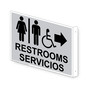 Projection-Mount Silver Accessible RESTROOMS - SERVICIOS (With Inward Arrow) Sign With Symbol RRB-7020Proj-Black_on_Silver