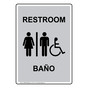 Portrait Silver Accessible RESTROOM - BAÑO Sign With Symbol RRBP-6989-Black_on_Silver