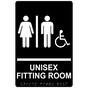 Black ADA Braille Accessible UNISEX FITTING ROOM Sign with Symbol RRE-19941_White_on_Black