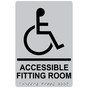 Silver ADA Braille ACCESSIBLE FITTING ROOM Sign with Symbol RRE-19949_Black_on_Silver