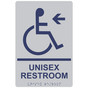 Silver ADA Braille Accessible UNISEX RESTROOM Left Sign with Symbol RRE-35201-MarineBlue_on_Silver