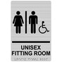 Brushed Silver ADA Braille Accessible UNISEX FITTING ROOM Sign with Symbol RRE-19941_Black_on_BrushedSilver