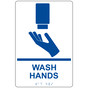 White ADA Braille WASH HANDS Sign with Symbol RRE-993_Blue_on_White