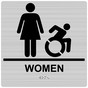 Square Brushed Silver Braille WOMEN Restroom Sign With Dynamic Accessibility Symbol RRE-130R-99_Black_on_BrushedSilver