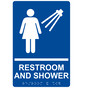 Blue ADA Braille Women's RESTROOM AND SHOWER Sign with Symbol RRE-14823_White_on_Blue