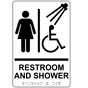 White ADA Braille Accessible Women's RESTROOM AND SHOWER Sign with Symbol RRE-14824_Black_on_White