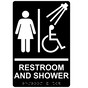 Black ADA Braille Accessible Women's RESTROOM AND SHOWER Sign with Symbol RRE-14824_White_on_Black
