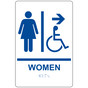 White ADA Braille Accessible WOMEN Restroom Right Sign with Symbol RRE-14856_Blue_on_White