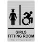 Brushed Silver Braille GIRLS FITTING ROOM Sign with Dynamic Accessibility Symbol RRE-19945R_Black_on_BrushedSilver