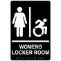 Black Braille WOMENS LOCKER ROOM Sign with Dynamic Accessibility Symbol RRE-19964R_White_on_Black