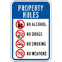 Property Rules Enforced No Alcohol Drugs Smoking Sign PKE-15250