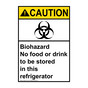 Portrait ANSI CAUTION Biohazard No Food Drink In Refrigerator Sign with Symbol ACEP-1470