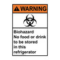 Portrait ANSI WARNING Biohazard No Food Drink In Refrigerator Sign with Symbol AWEP-1470