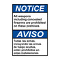 English + Spanish ANSI NOTICE All weapons including concealed firearms are prohibited Sign ANB-16325