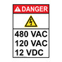 Portrait ANSI DANGER 480 VAC 120 VAC 12 VDC Sign with Symbol ADEP-28591