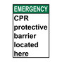 Portrait ANSI EMERGENCY CPR protective barrier located here Sign AEEP-9440