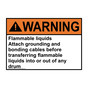 ANSI WARNING Flammable liquids Attach grounding and bonding Sign AWE-30409
