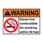 ANSI WARNING Diesel fuel combustible No smoking within 50 feet Sign with Symbol AWE-33470