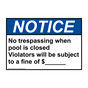 ANSI NOTICE No trespassing when pool is closed Violators Sign ANE-34405