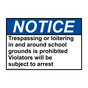 ANSI NOTICE Trespassing or loitering in and around school Sign ANE-34415