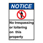 Portrait ANSI NOTICE No Trespassing Or Loitering On Property Sign with Symbol ANEP-4925