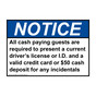 ANSI NOTICE All cash paying guests are required to present Sign ANE-33929