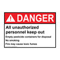 ANSI DANGER All unauthorized personnel keep out Empty pesticide containers Sign ADE-7895