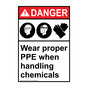 Portrait ANSI DANGER Wear proper PPE when handling chemicals Sign with Symbol ADEP-6475-R