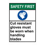 Portrait ANSI SAFETY FIRST Cut resistant gloves must be worn Sign with Symbol ASEP-50319