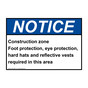 ANSI NOTICE Construction zone Foot protection, eye protection, Sign ANE-36294