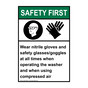 Portrait ANSI SAFETY FIRST Wear nitrile gloves Sign with Symbol ASEP-36420