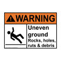 ANSI WARNING Uneven ground Rocks, holes, Sign with Symbol AWE-28407