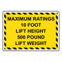 Maximum Ratings 10 Foot Lift Height 500 Pound Sign NHE-26893
