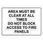 AREA MUST BE CLEAR AT ALL TIMES DO NOT BLOCK Sign NHE-50116