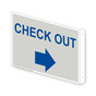 Projection-Mount Pearl Gray CHECK OUT (With Inward Arrow) Sign With Symbol NHE-17836Proj-Blue_on_PearlGray