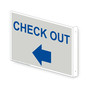 Projection-Mount Pearl Gray CHECK OUT (With Outward Arrow) Sign With Symbol NHE-17837Proj-Blue_on_PearlGray